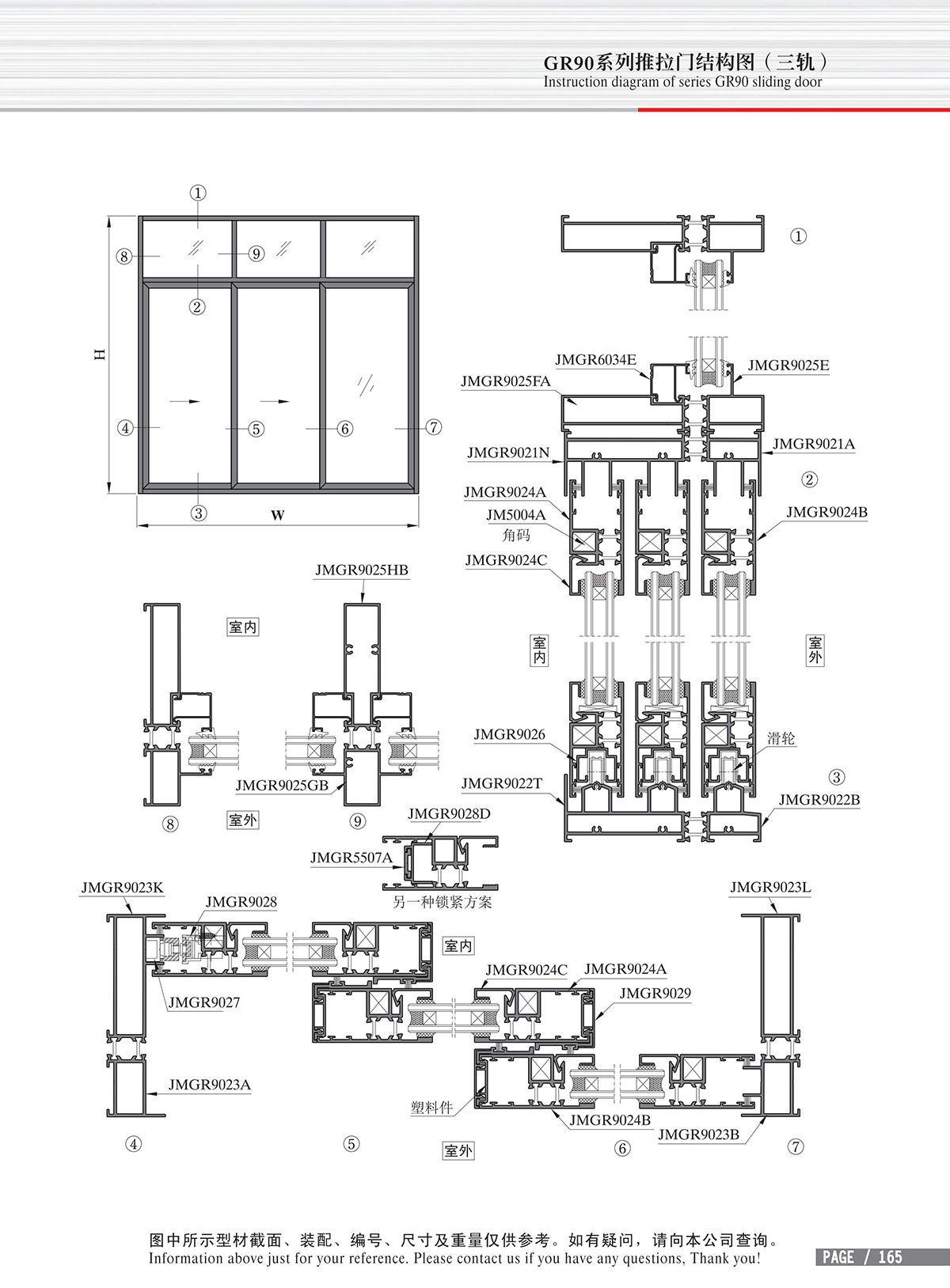 Schéma de structure de la porte coulissante de la série GR90 (trois glissières)