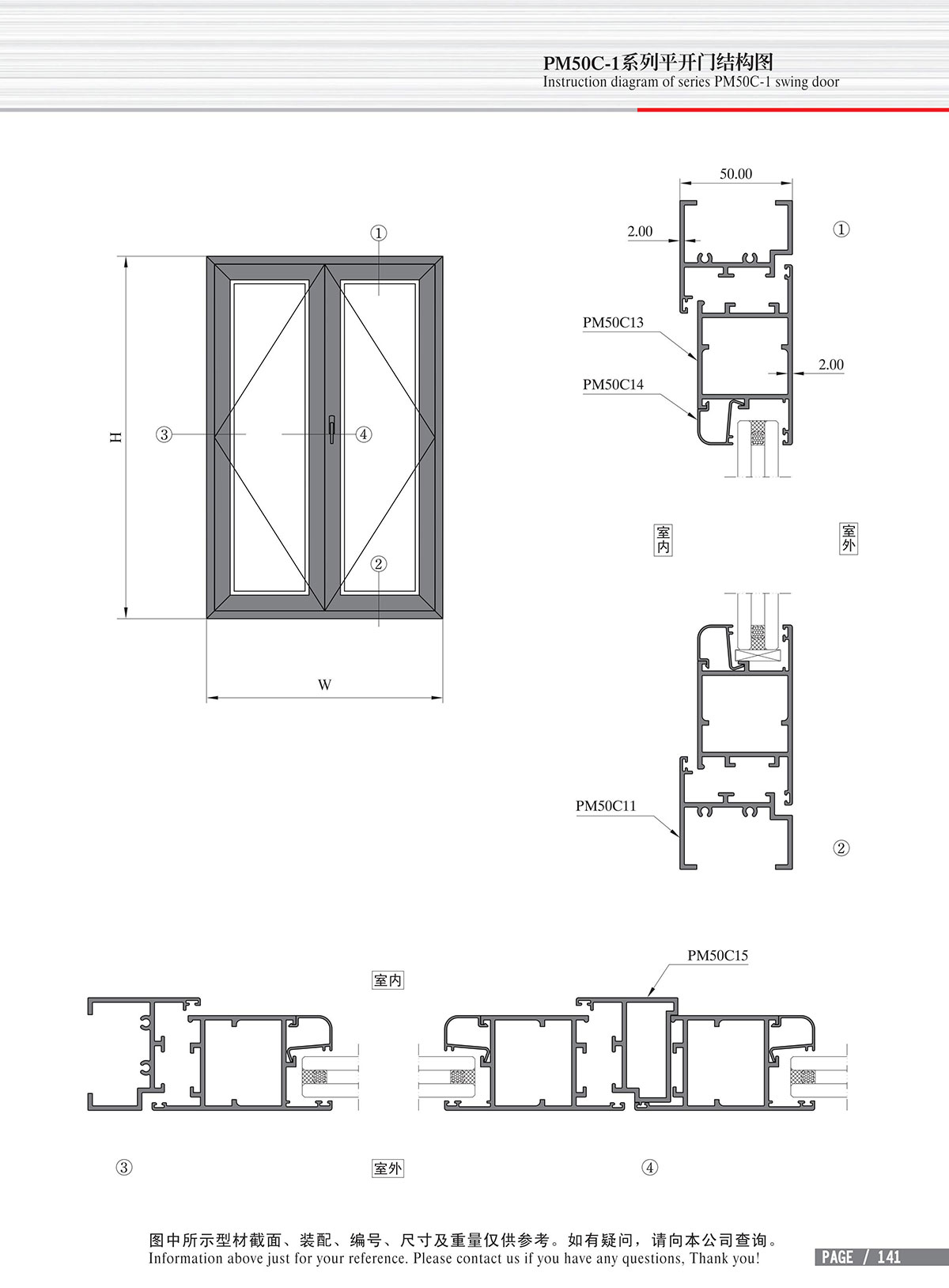 Schéma de structure de la porte à battant de la série PM50C-1