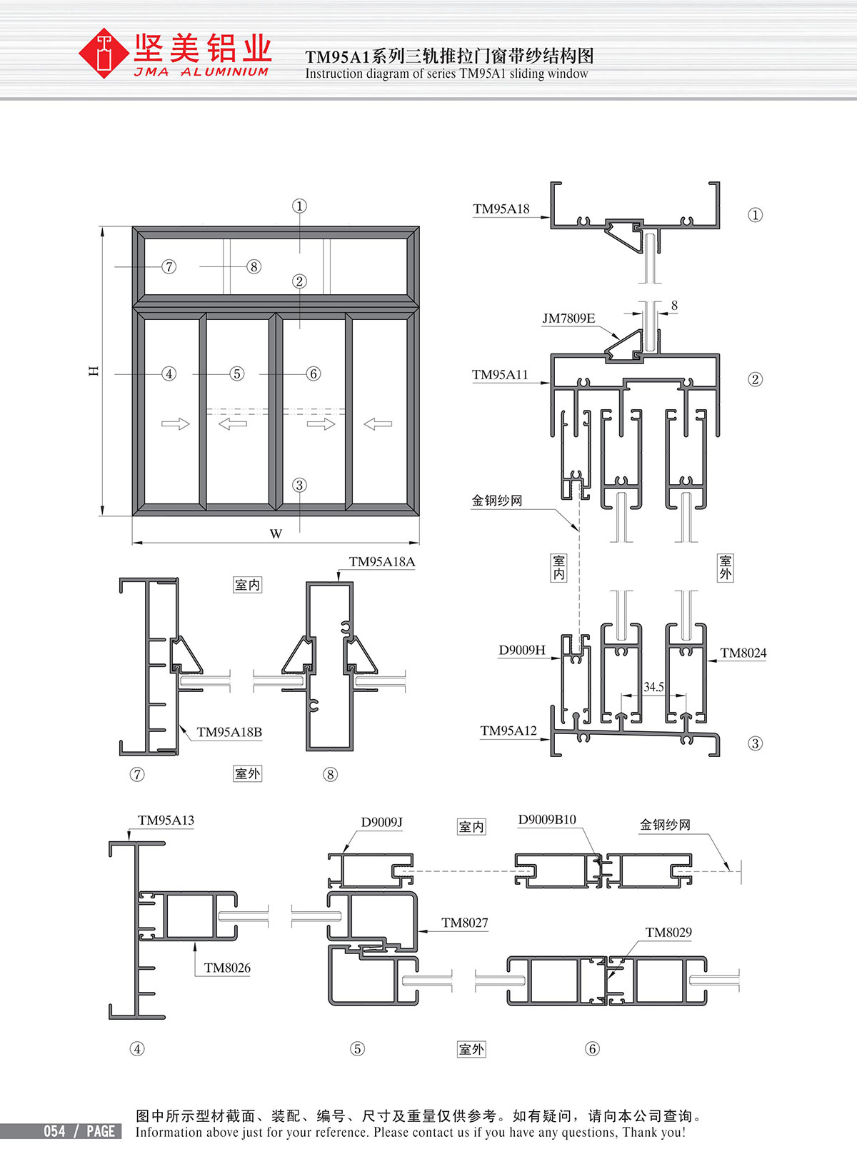 TM95A1系列三軌推拉門窗帶紗結(jié)構(gòu)圖