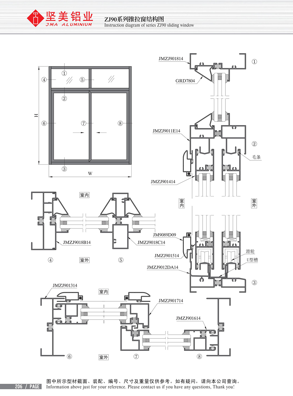 Schéma de structure de la fenêtre coulissante de la série ZJ90-2